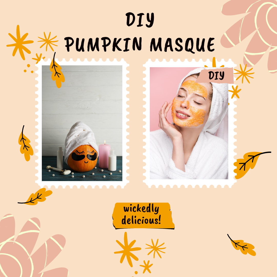 Woman with eyes closed relaxing with an orange DIY pumpkin face masque and a towel wrapped around her hair