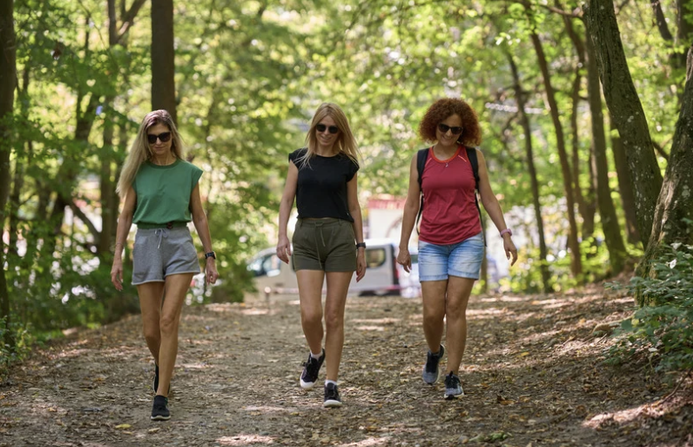 Friends walking on a sunny autumn hike